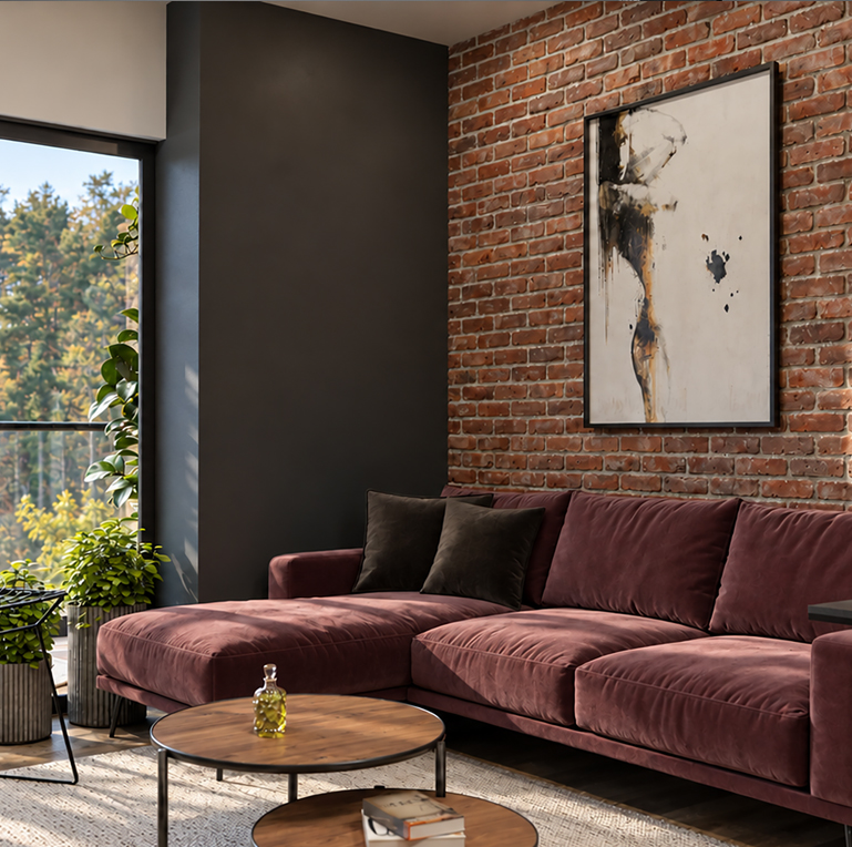 Diseño de interiores de loft con salón de estilo contemporáneo, sofá de diseño y pared de ladrillo visto