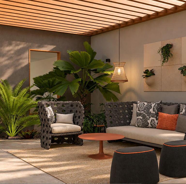 Interiorismo de terraza con zona de estar exterior, mobiliario contemporáneo y vegetación integrada