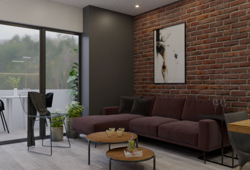 Diseño de interiorismo para salón moderno con chimenea de obra y pared de ladrillo visto por Fiera Studio