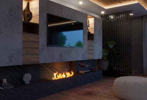 Diseño de salón moderno con chimenea de obra por Fiera Studio