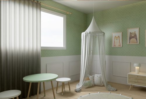 Interiorismo para dormitorio infantil con dosel por Fiera Studio
