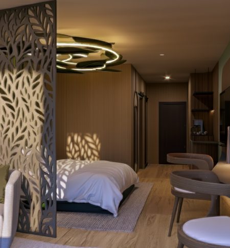 Diseño de hotel Intercidec - Celosía divisoria y zona de descanso