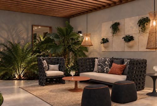 Diseño de terraza moderna con sofás por Fiera Studio