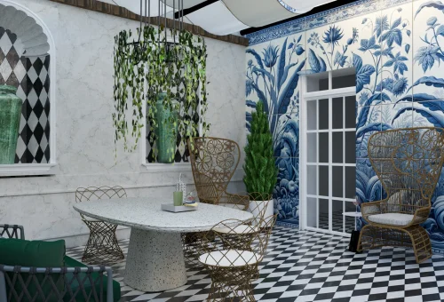 Interiorismo de terraza de hotel con suelo damero en Madrid por Fiera Studio